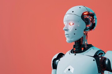 futuristic humanoid robot with glowing red eyes and exposed mechanical components, standing against a pink background.