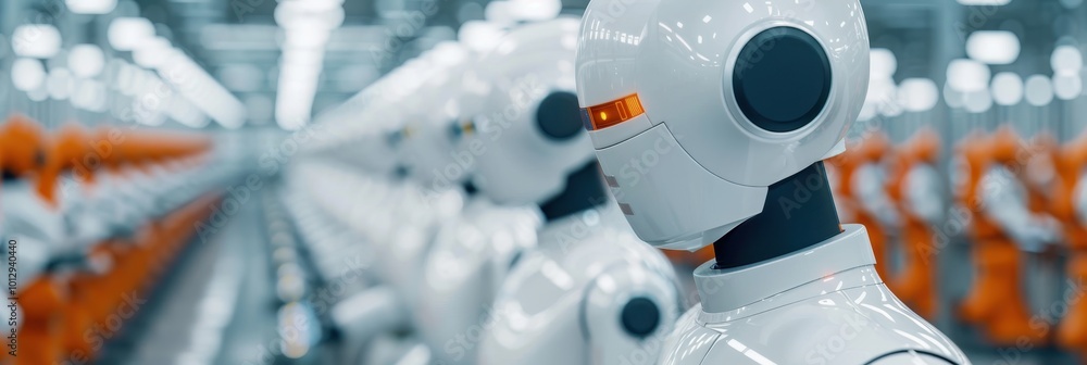 Aufkleber a row of futuristic robots with illuminated components in a high-tech manufacturing facility, repres