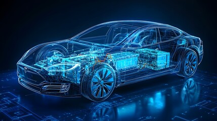 An illustration of an electric car lithium battery pack with power connections, showcasing the core of modern automotive technology in vibrant blue tones