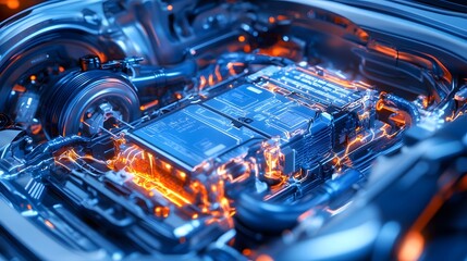 An illustration of an electric car lithium battery pack with power connections, showcasing the core of modern automotive technology in vibrant blue tones