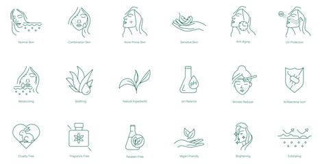 Normal Skin, Combination Skin, Acne-Prone Skin, Sensitive Skin, Anti-Aging, UV Protection, Moisturizing, Soothing, Natural Ingredients, pH Balance, Wrinkle Reducer, Antibacterial vector icons