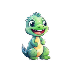 Fototapeta premium A green dinosaur with big eyes and a tail suitable for children's books, posters, and educational materials. Friendly and adorable character design. Generative AI