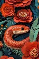 Fototapeta premium Snake amidst paper flowers and foliage