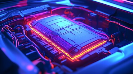 An illustration of an electric car lithium battery pack with power connections, showcasing the core of modern automotive technology in vibrant blue tones