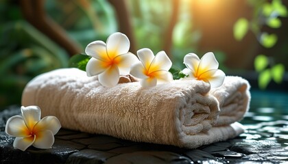 Spa towel with frangipani flower and stones, perfect for relaxation and aromatherapy