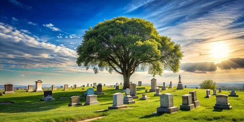 A solitary tree stands sentinel over a field of weathered tombstones, bathed in the golden glow of a setting sun.
