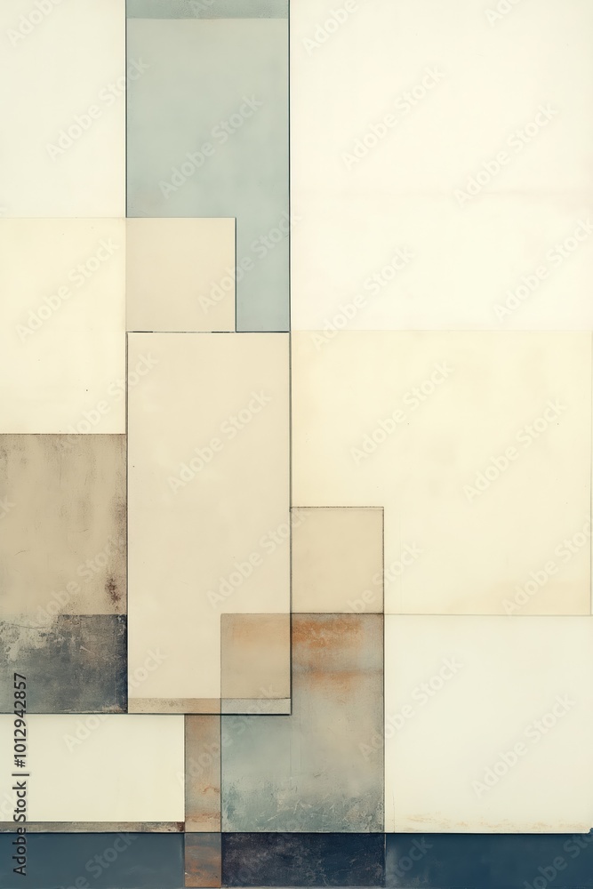 Poster geometric abstract artwork featuring layers of soft colors and shapes on a blank canvas