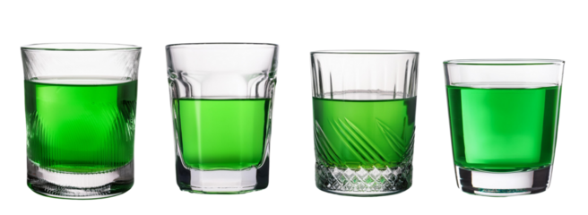 Four glass cups filled with vibrant green liquid on white isolated background.