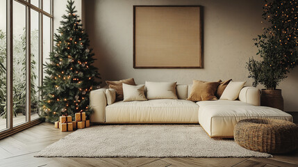 Cozy Christmas Living Room: A warm and inviting living room with a Christmas tree, a large sofa, and a cozy rug. The room is decorated with natural elements and a touch of rustic charm.