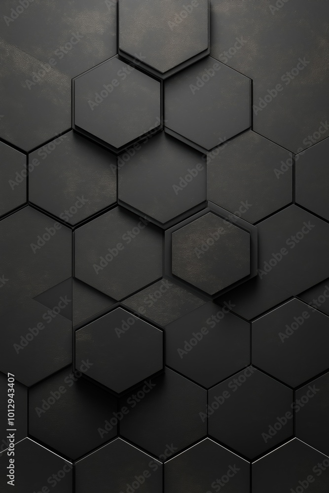 Poster abstract black hexagonal tiles creating a modern pattern on a wall in a contemporary setting