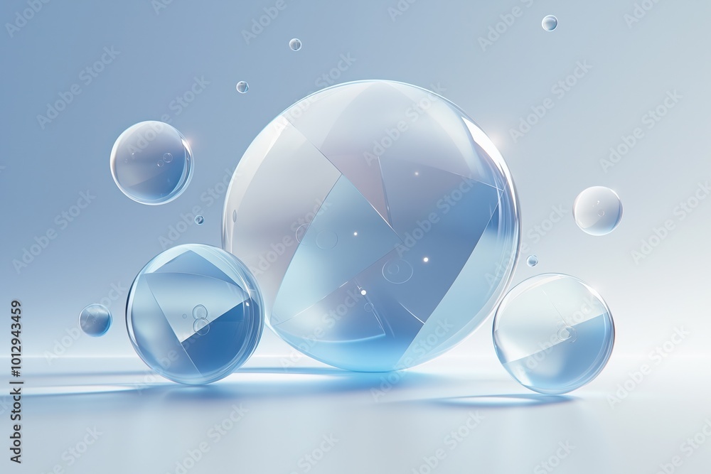 Poster translucent bubbles reflecting light on a soft gradient background