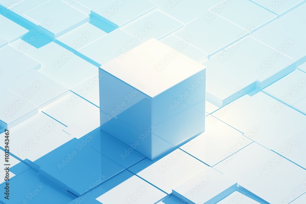 Poster abstract blue cube on a grid surface with shadows and light reflections in a digital environment