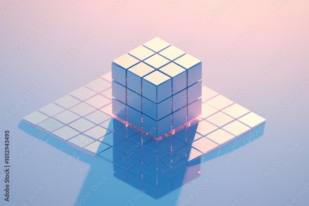 Poster a reflective cube resting on a glossy surface in soft pastel lighting during the evening hours