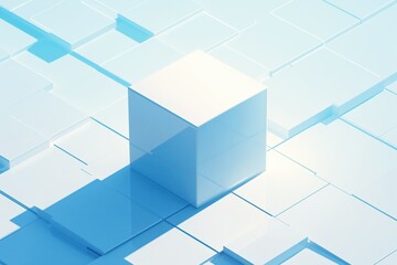 Abstract blue cube on a grid surface with shadows and light reflections in a digital environment