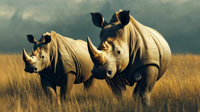 Two White Rhinos in a Grassland