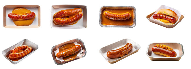 An assortment of delicious sausages served in trays, showcasing various toppings and presentations.