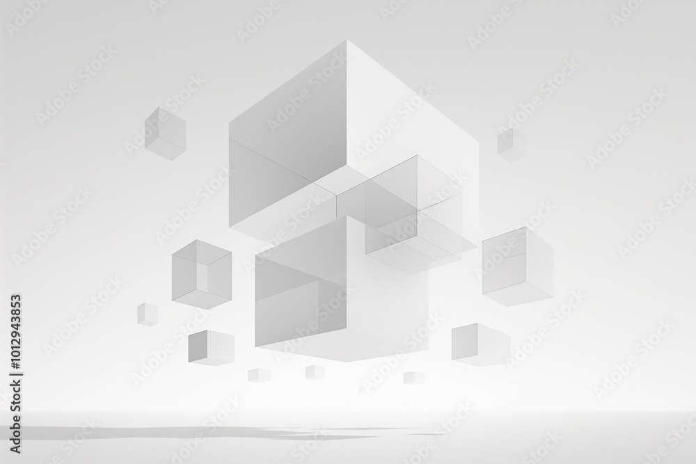 Poster abstract floating cubes in a minimalist white space creating a surreal visual experience