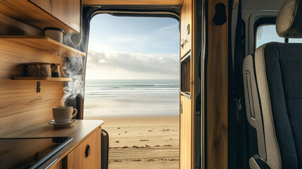 Cozy camper van interior with steaming coffee cup, showcasing serene beach view through open door, inviting relaxation and adventure