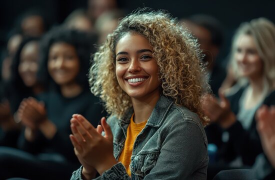 Group of happy people clapping and smiling in a gathering, highlighting joy and engagement at a public event or conference