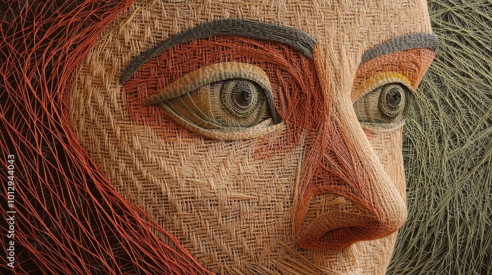 Poster close-up of a vibrant string art portrait of a woman, featuring intricate and colorful woven threads