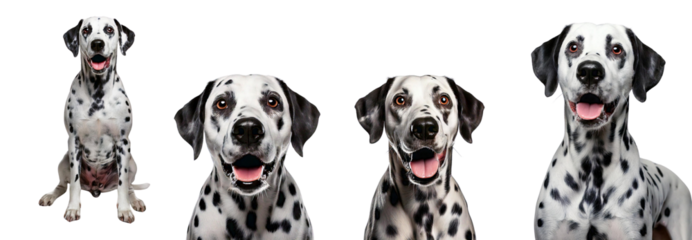 Four playful Dalmatian dogs with distinct expressions on a white isolated background.