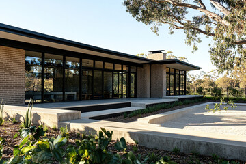 A modern, minimalist architectural-style building with large windows and concrete accents set in the Australian bush, surrounded by native plants. The exterior features smooth stone walls.
