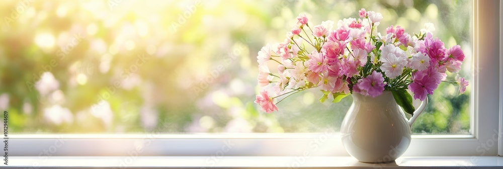 Sticker A vibrant arrangement of flowers in a vase sits on a sunny windowsill, with a soft-focus garden visible in the background. Generative AI