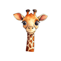 Cute giraffe head with big brown eyes, suitable for children's books, wildlife designs, nursery decor, and educational materials. Generative AI