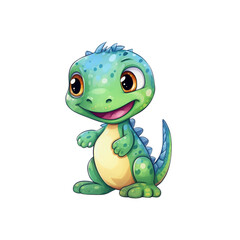 Fototapeta premium A green dinosaur with big eyes and a tail suitable for children's books, posters, and educational materials. Friendly and adorable character design. Generative AI