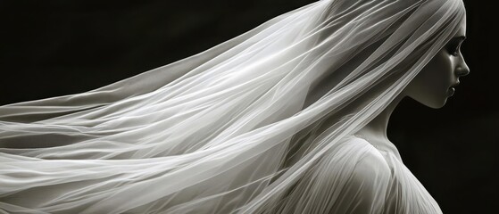 A graceful figure draped in flowing fabric, captured in black and white, evoking mystery and elegance against a dark backdrop.