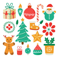 Festive Christmas Scene: Snowman, Santa, Tree, Gifts & Ornaments on White Background
