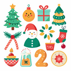 Festive Christmas Scene: Snowman, Santa, Tree, Gifts & Ornaments on White Background