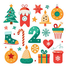 Festive Christmas Scene: Snowman, Santa, Tree, Gifts & Ornaments on White Background