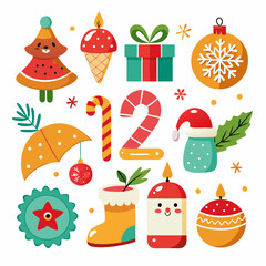 Festive Christmas Scene: Snowman, Santa, Tree, Gifts & Ornaments on White Background