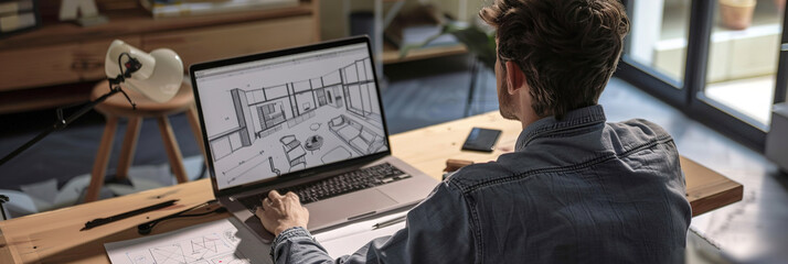 Architect sketching on paper, simultaneously using software to refine room layout