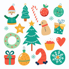 Festive Christmas Scene: Snowman, Santa, Tree, Gifts & Ornaments on White Background