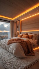 Fototapeta premium A bedroom with a white bed and orange throw blanket