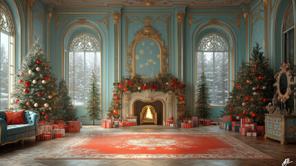 Obraz premium Christmas Fireplace: A cozy and festive living room, adorned with a roaring fireplace, two towering Christmas trees, and an array of gifts.