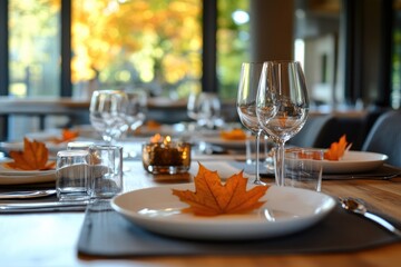 A fall-themed table setting with autumn leaves. This image is perfect for blogs, websites, or social media posts about fall recipes, decor, or entertaining.