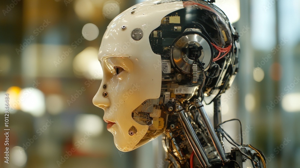 Poster this detailed close-up image captures a humanoid robot with a focus on its exposed internal mechanic