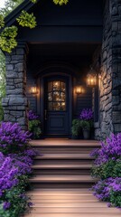 Fototapeta premium A black house with a large door and purple flowers in front of it