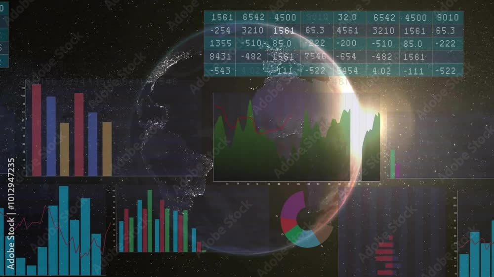 Wall mural Animation of financial data processing over globe on dark background