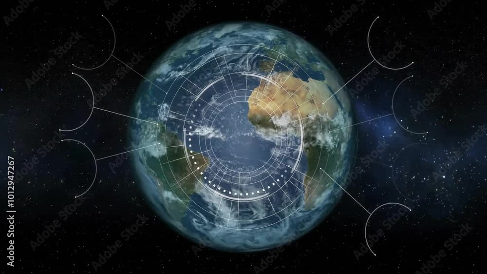Poster animation of connections with icons over globe on dark background