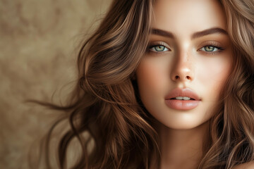 Obraz premium Portrait of beautiful woman with brown wavy hair.