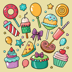 Delicious Desserts Seamless Pattern: Cartoon Cupcakes, Chocolates, Lollipops & Ice Cream"Bakery and Confectionery Delight: Cartoon Sweets Seamless Pattern with Cupcakes & Lollipops"'"Colorful Cartoon 