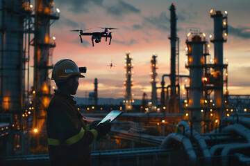 Drone flying near oil refinery pipes, operator analyzing real-time data on rugged tablet, industrial setting