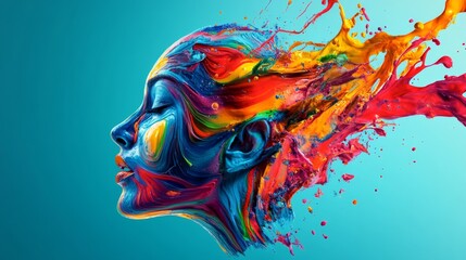 A vibrant and dynamic abstract painting of a woman's face profile, with multicolored splashes of paint exploding outward. Perfect for artistic projects, conceptual art, or bold graphic designs.. AI