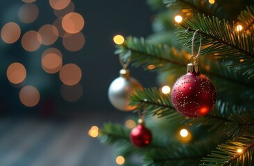 Fototapeta premium Christmas tree branch decorated with red and silver baubles is sparkling with fairy lights