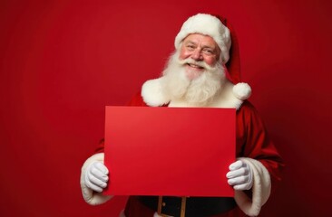Naklejka premium Santa claus holding a blank red sign on red background