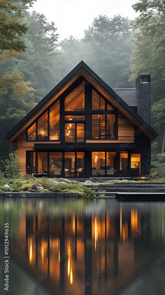 Poster a large house with a large window and a fireplace